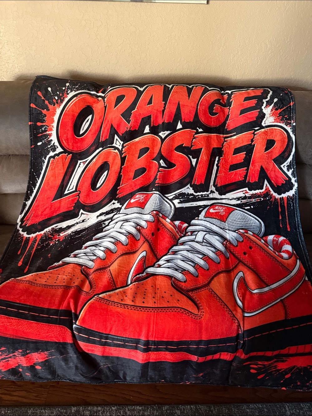 Orange Lobster Graphic Throw Blanket with Sneaker Design 62Lx52W
